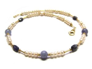 Zuchtperlenkette mit Aquamarin Perlen und Iolith Perlen DIY